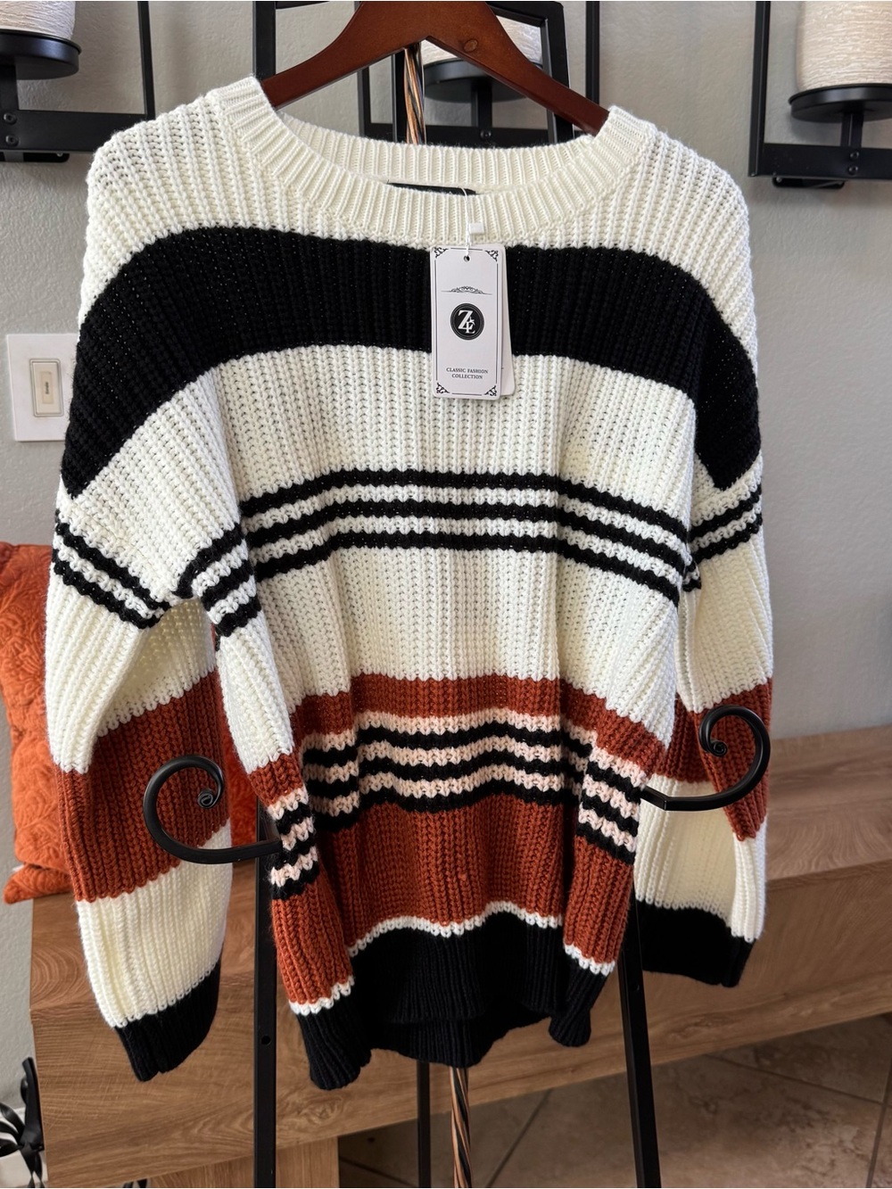 Z Supply Ribbed Crewneck Sweater in Cream, Black & Rust
